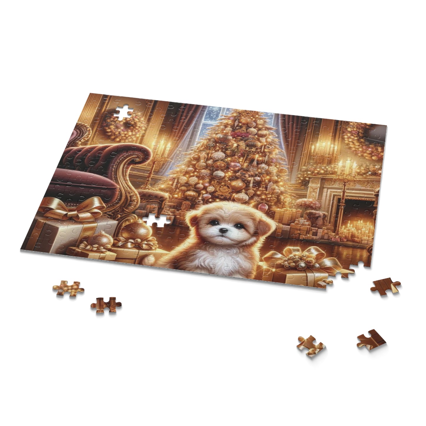 Christmas Puppy Puzzle – Cute Puppy by the Christmas Tree in a Luxurious Festive Living Room | Hyperrealistic Holiday Scene Puzzle (120, 252, 500-Piece)