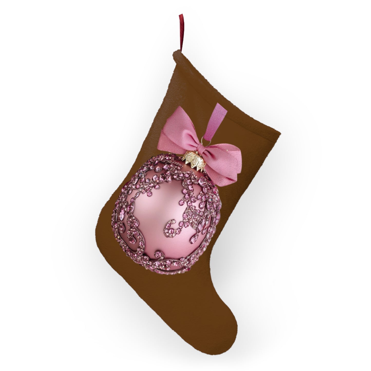 Elegant Brown Christmas Stocking with Intricate Pink Ornament Design – Perfect for Holiday Decor and Gift GivingChristmas Stockings