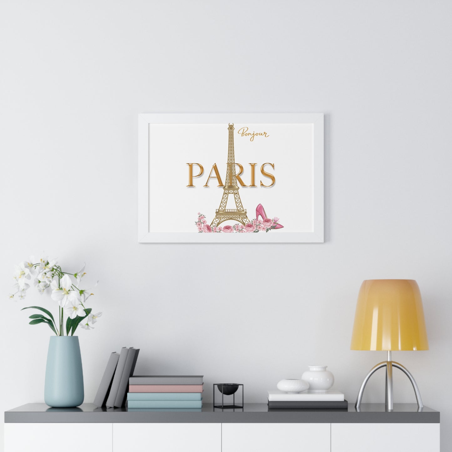 Bonjour Paris Framed Wall Art | Parisian Chic Decor | Eiffel Tower Print Framed Horizontal Poster