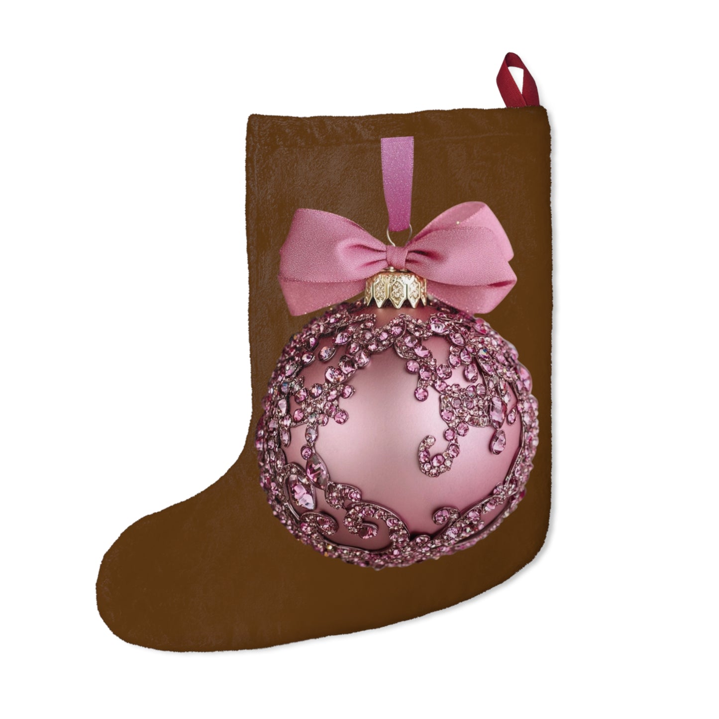 Elegant Brown Christmas Stocking with Intricate Pink Ornament Design – Perfect for Holiday Decor and Gift GivingChristmas Stockings